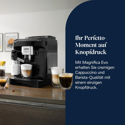 Magnifica Evo (ECAM292.81.B) - Perfetto Kaffeevollautomat mit LatteCrema-Milchaufschäumer, 7 One-Touch-Getränke, Cappuccino, Espresso Kaffeemaschine, Soft-Touch-Bedienfeld, Schwarz
